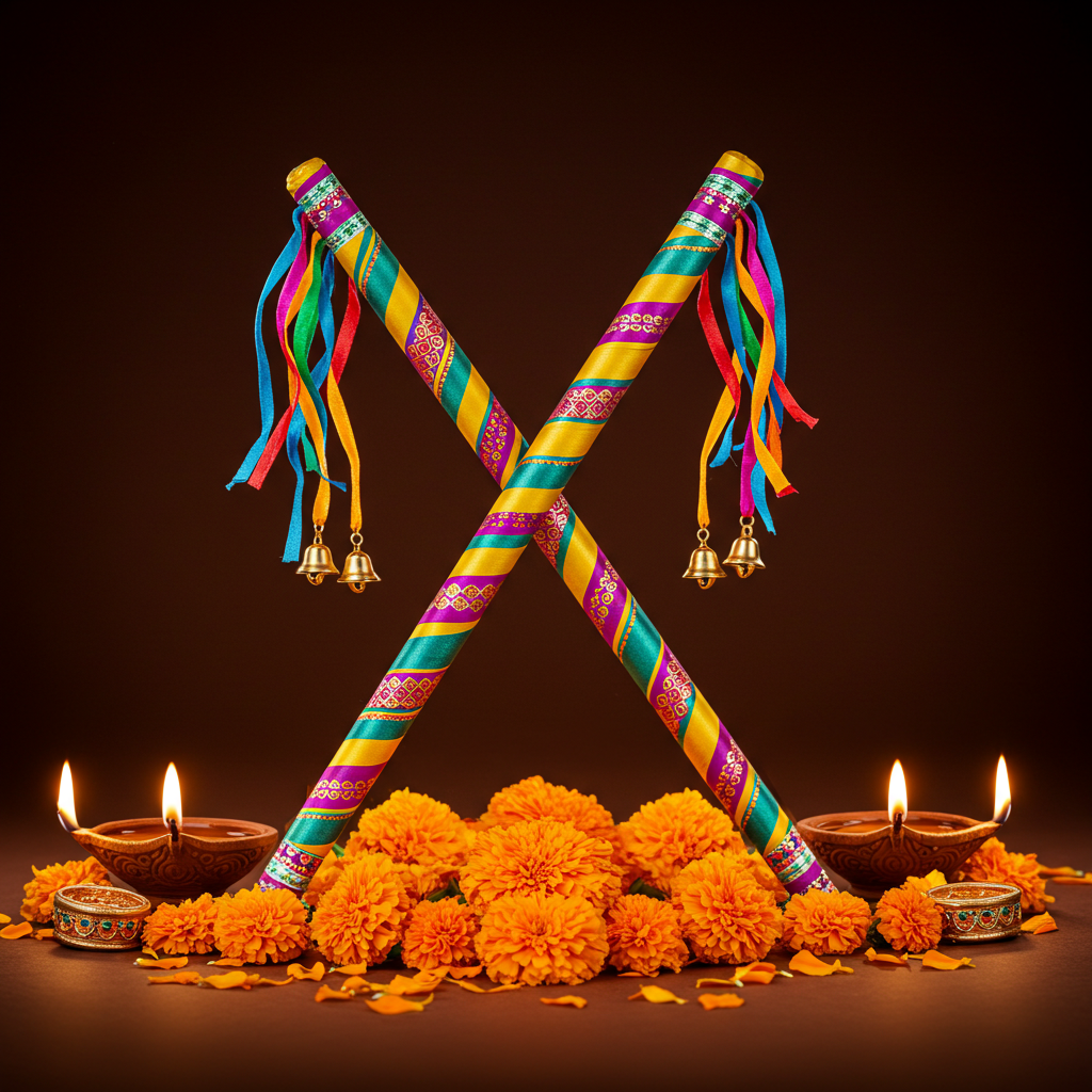 Dandiya Sticks and Marigold with Diwali Diyas
