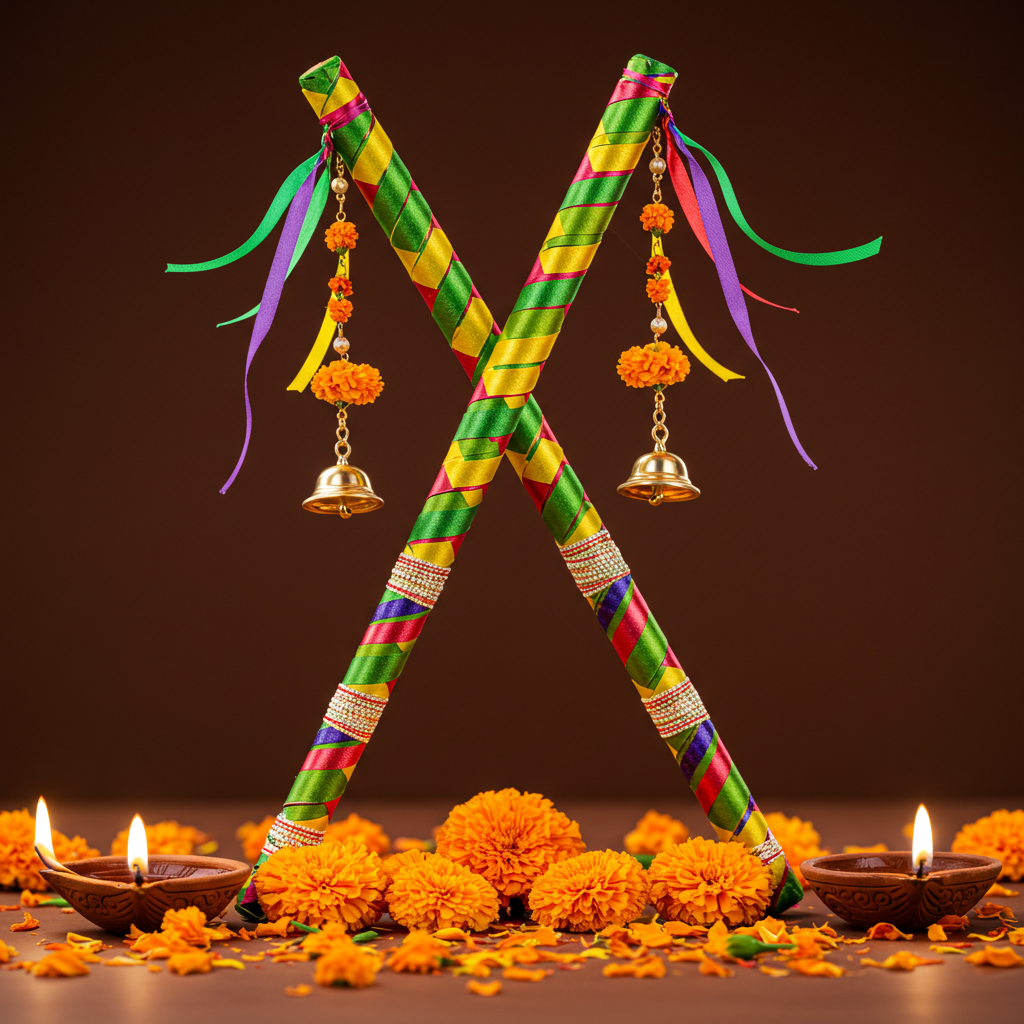 Colorful Dandiya Sticks with Marigold Flowers and Diyas