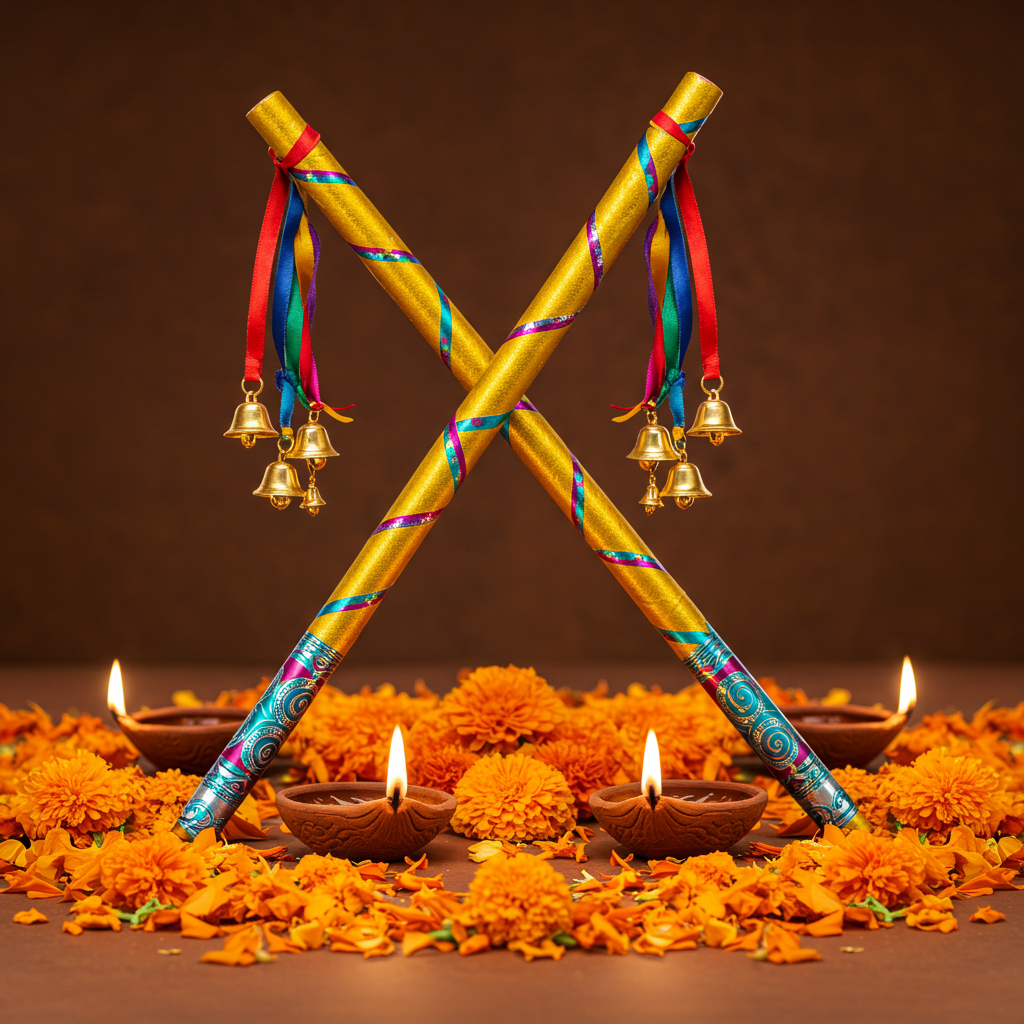 Dandiya Sticks with Diwali Diyas and Marigold Flowers