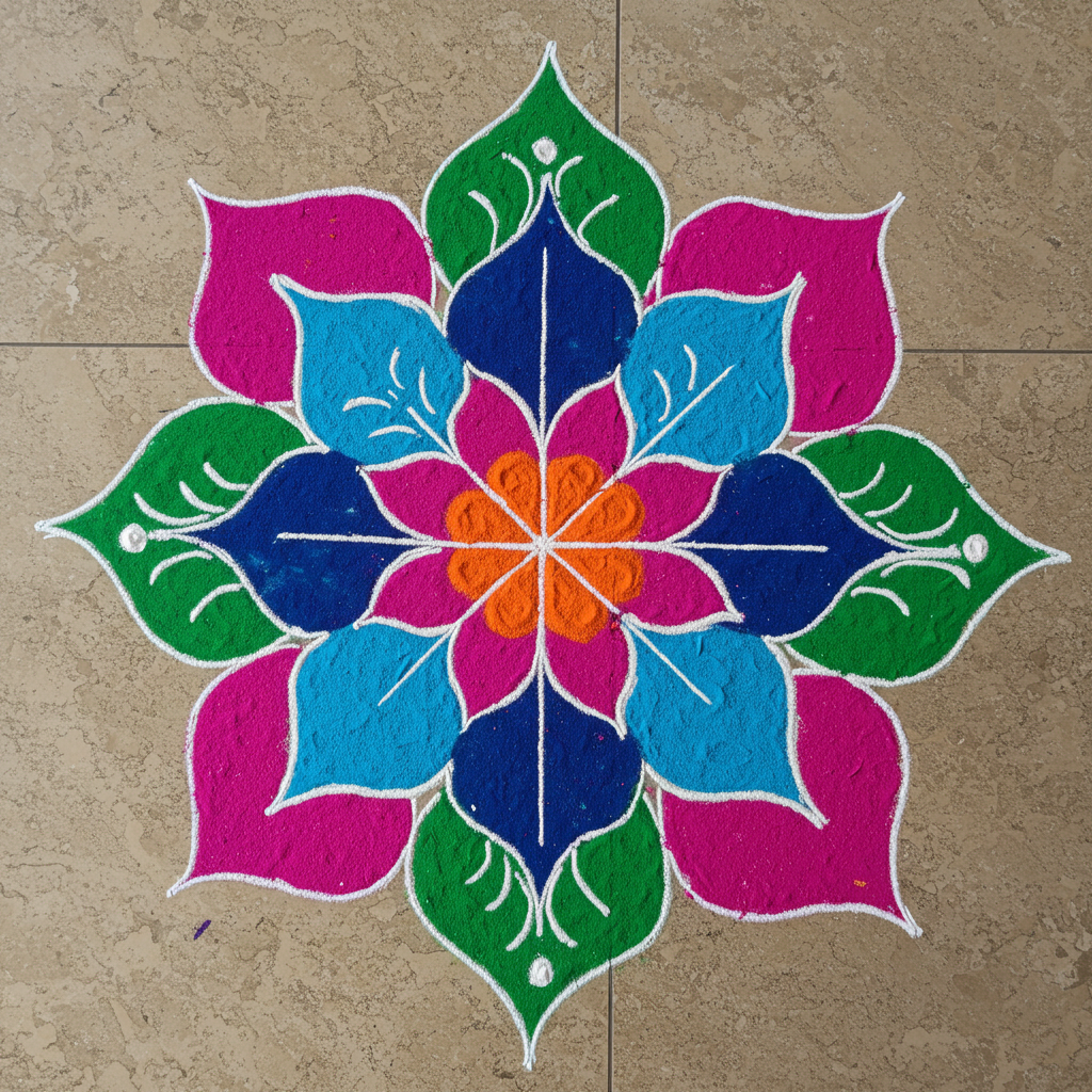 Colorful Rangoli Flower Design on Stone Floor