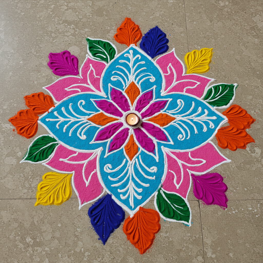 Colorful Rangoli Design with Central Diya Candle