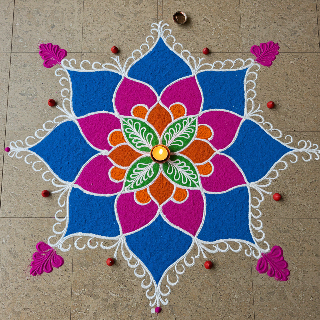 Colorful Rangoli with Diya Candle on Floor