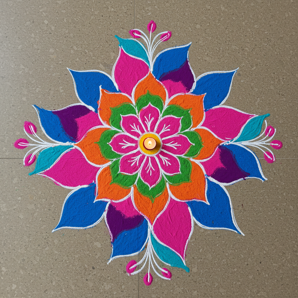 Colorful Rangoli Design with Diya Centerpiece