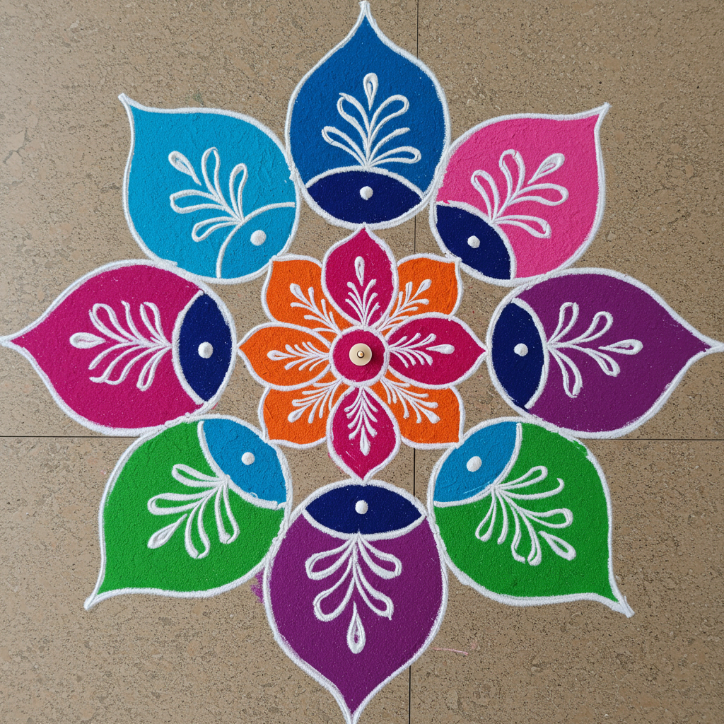 Colorful Rangoli Design with Leaf Patterns