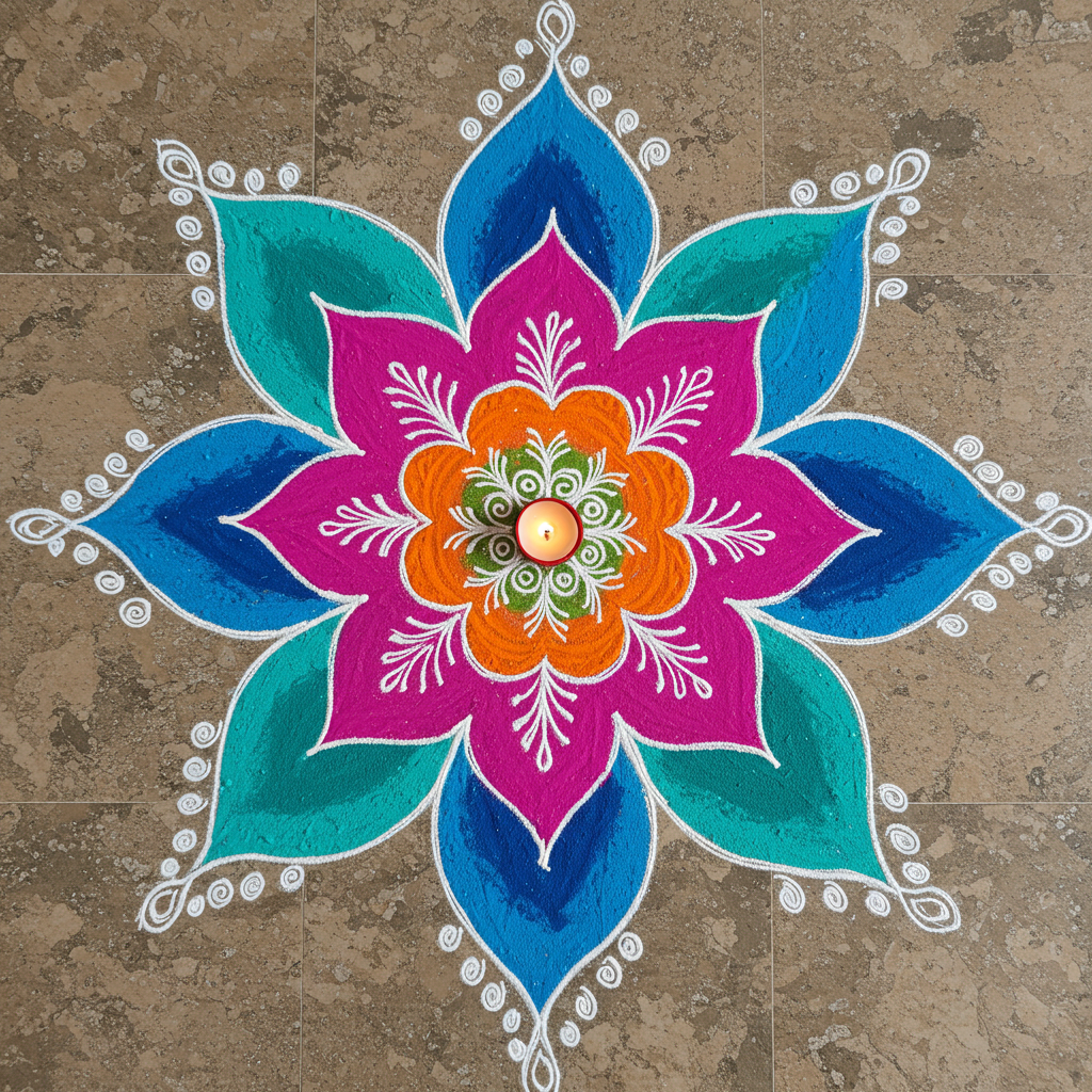 Colorful Rangoli Design with Diya on Stone Floor