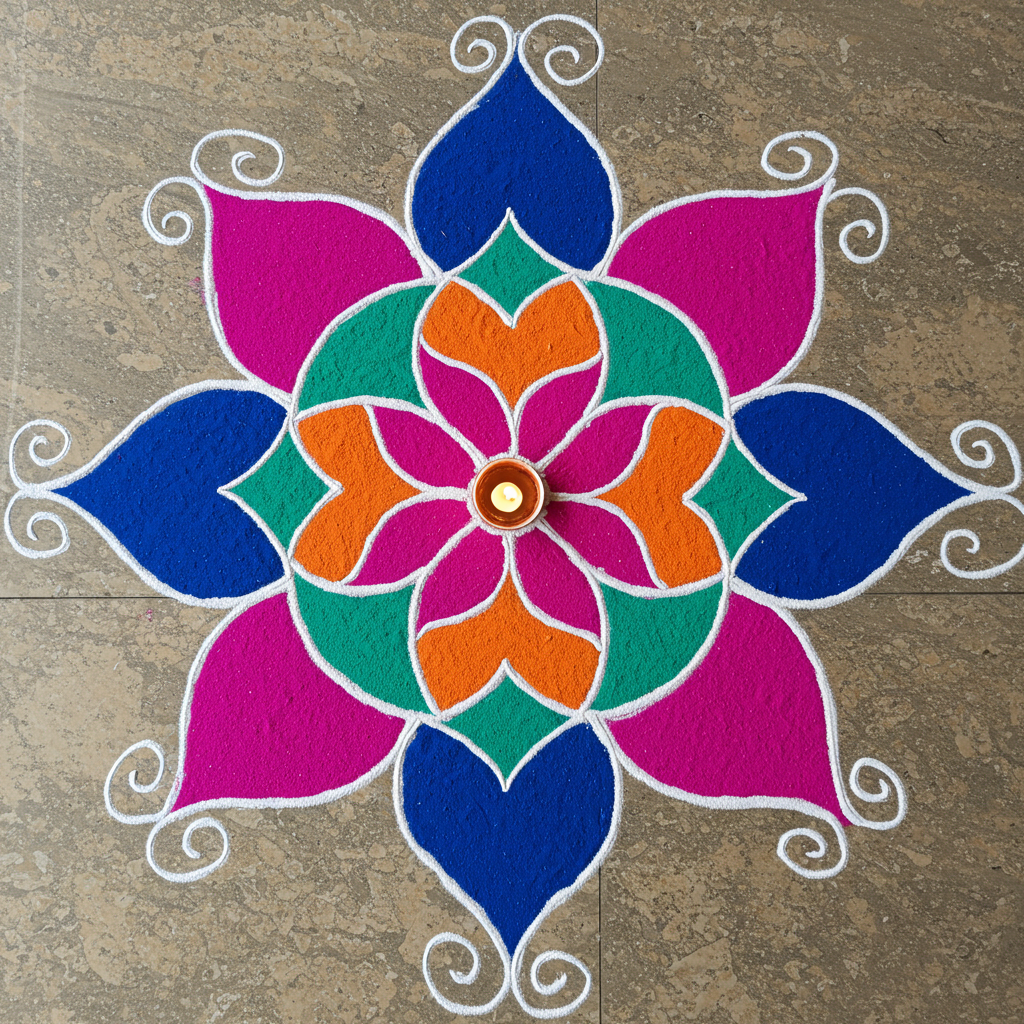Vibrant Rangoli with Diwali Diya Centerpiece