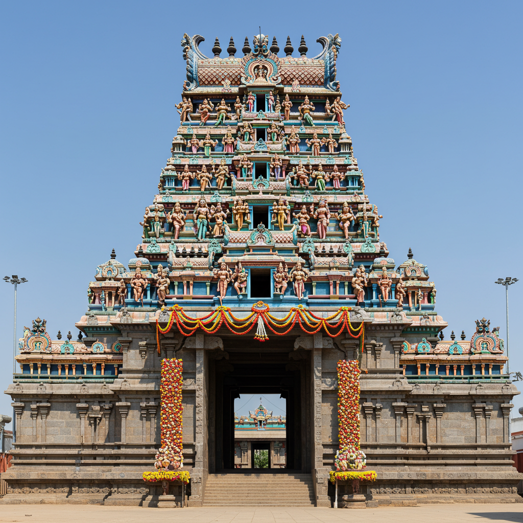 South Indian Temple Gopuram with Intricate Sculptures