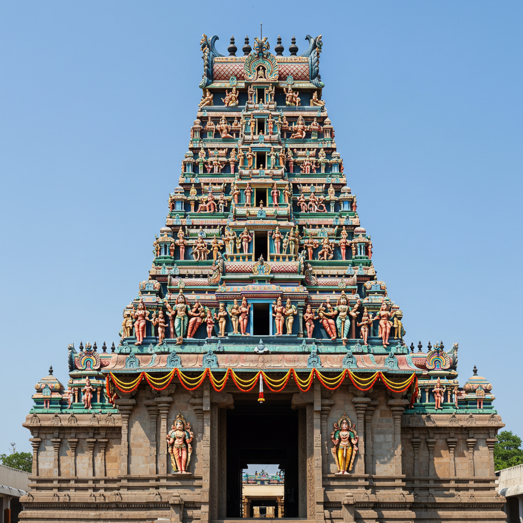 Intricately Carved Hindu Temple Tower Under Blue Sky