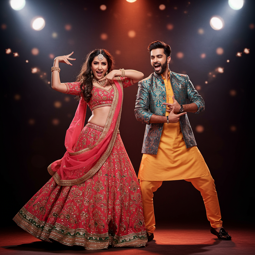 Couple Celebrating in Traditional Indian Attire on Dance Floor