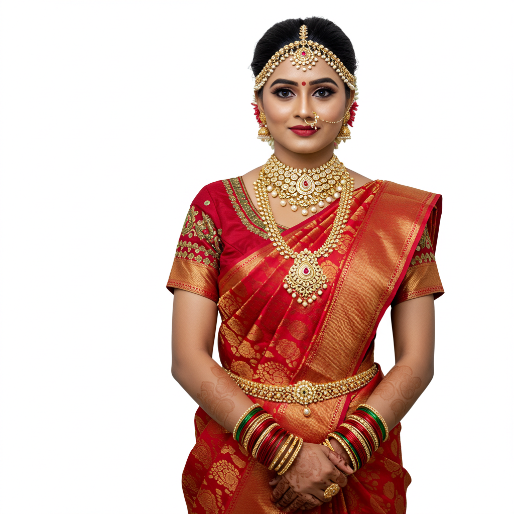 Traditional Indian Bride in Red Saree and Gold Jewelry