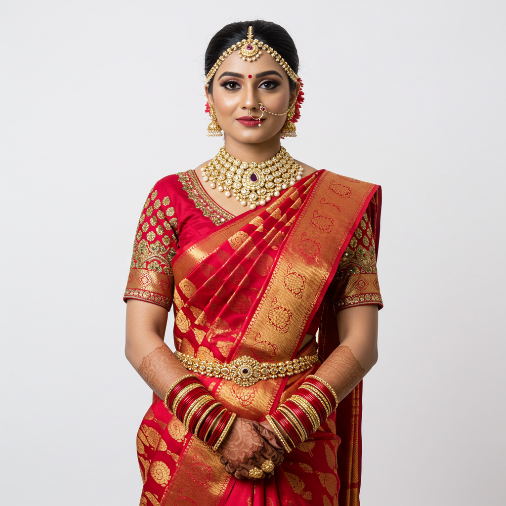 Indian Bride in Traditional Red Sari and Gold Jewelry
