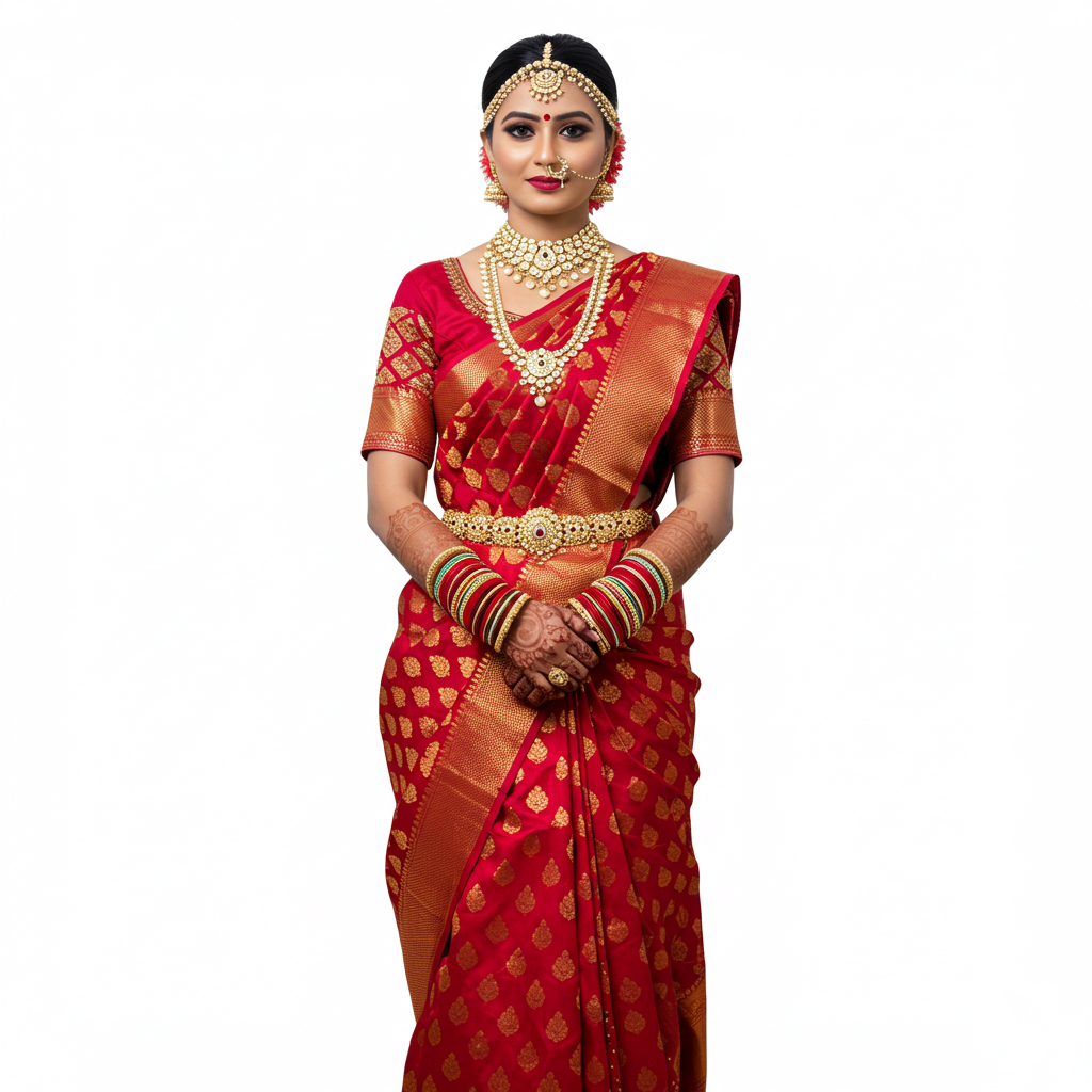 Traditional Indian Bride in Red Silk Saree and Gold Jewelry