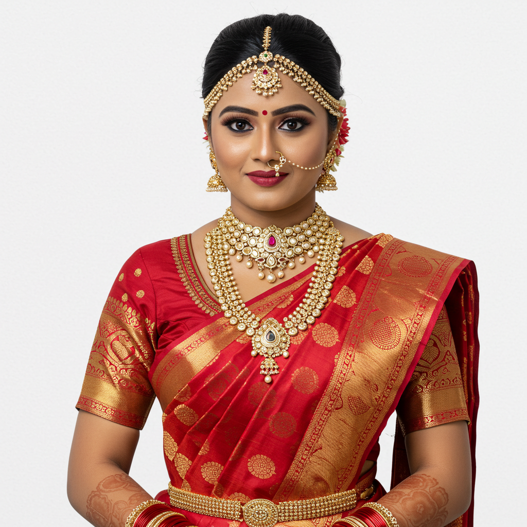 Traditional Bridal Attire with Gold Jewelry Set in Red Saree