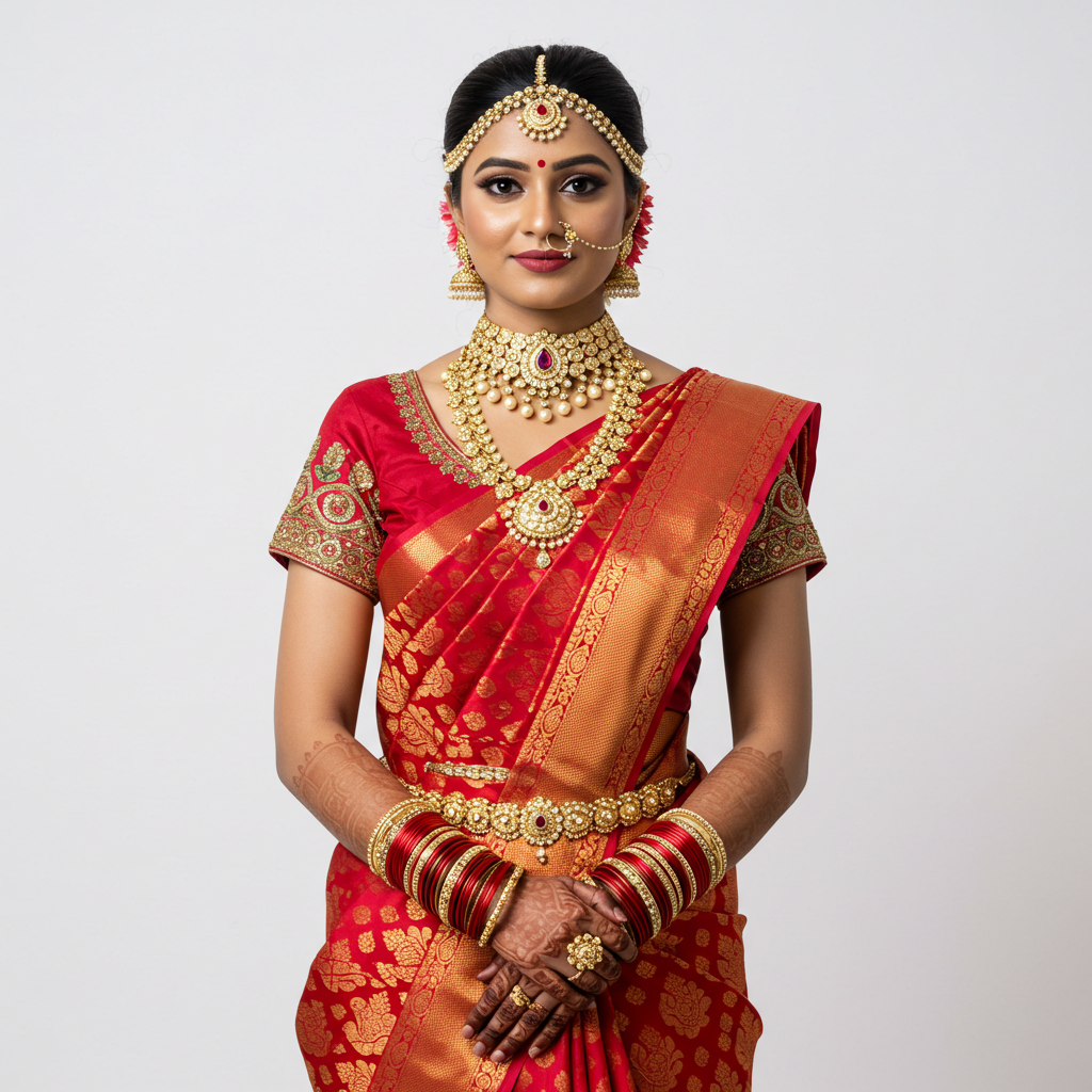 Traditional Bridal Portrait in Red and Gold Sari