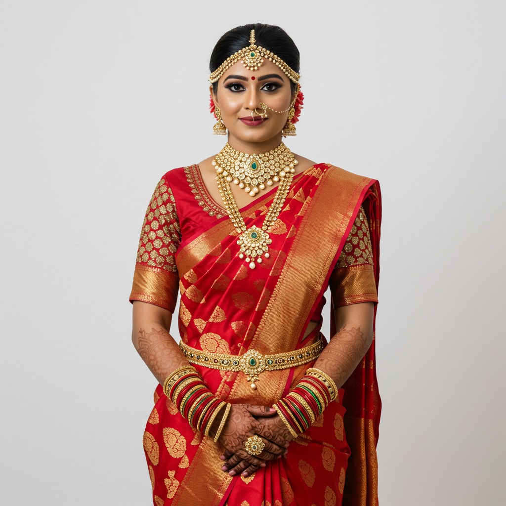 Traditional Indian Bride in Red Saree with Gold Jewelry