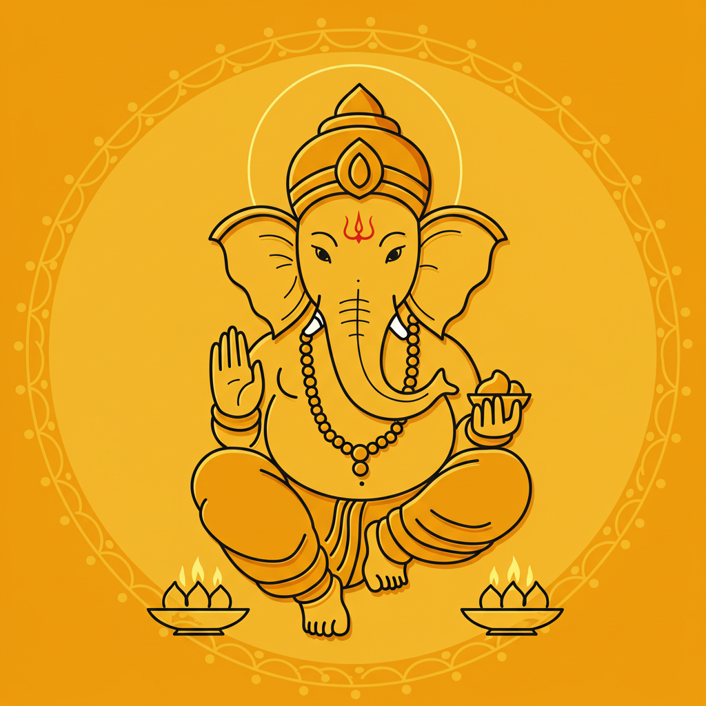 Ganesha Illustration in Traditional Style with Lanterns