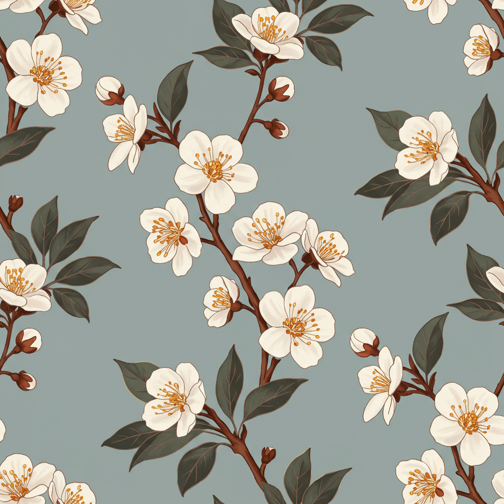 Seamless Floral Pattern with Cherry Blossoms on Blue Background