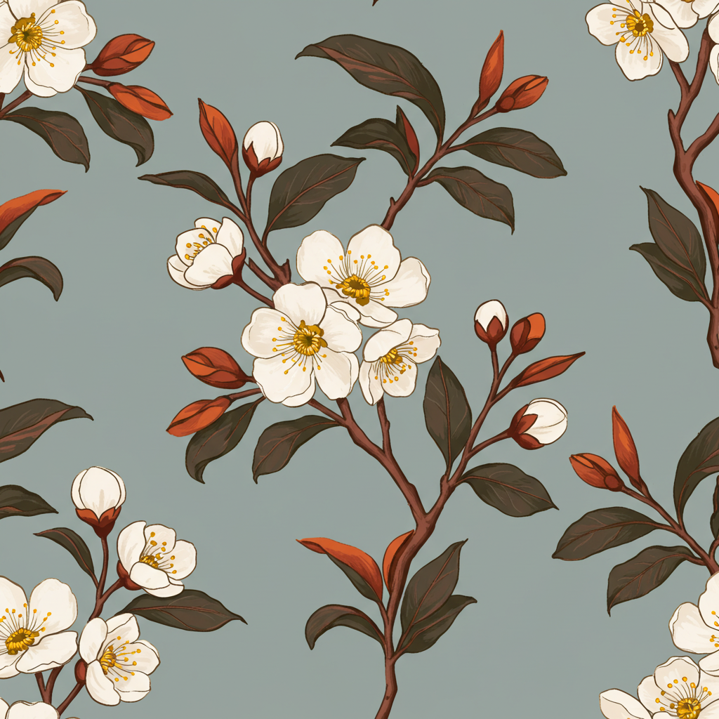 Vintage Floral Pattern with White Blossoms on Blue Background