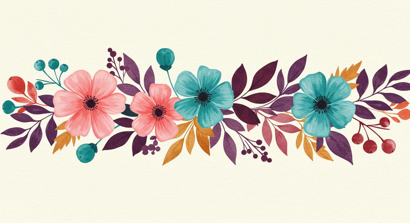 Floral Watercolor Border with Colorful Flowers and Leaves