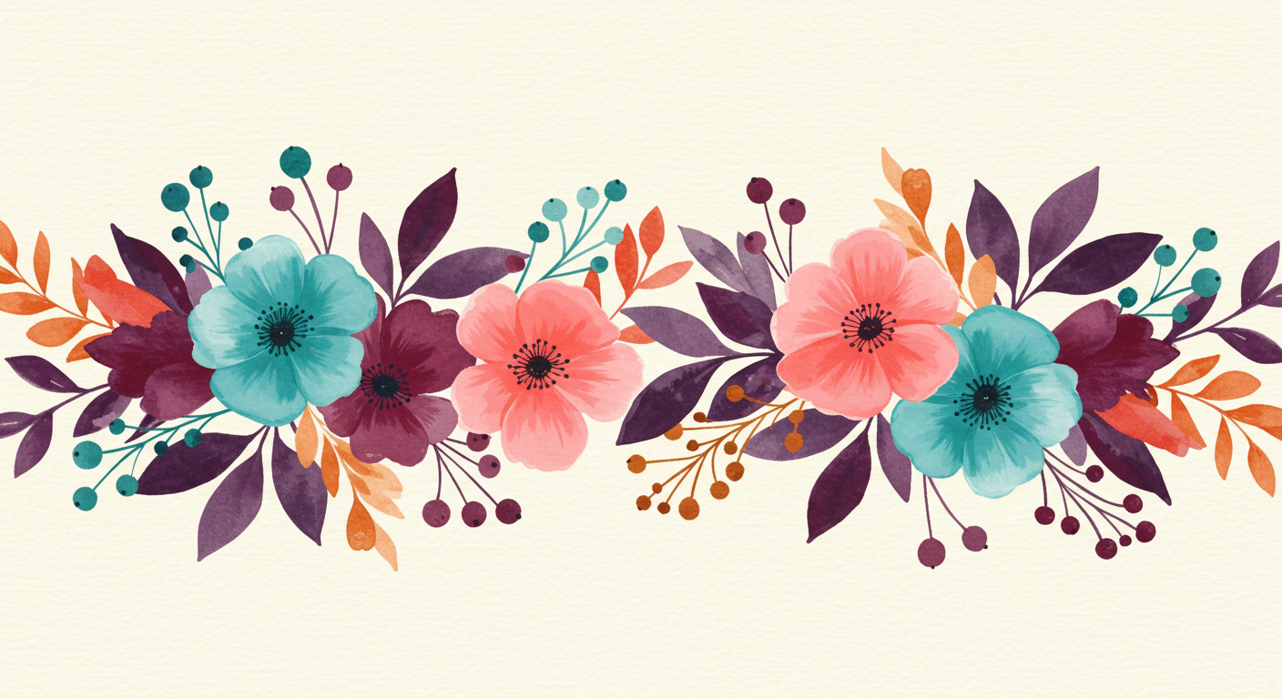 Floral Watercolor Border with Vibrant Flowers and Leaves