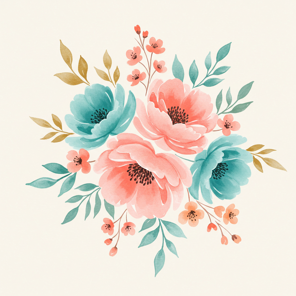 Floral Watercolor Bouquet with Pink and Blue Flowers