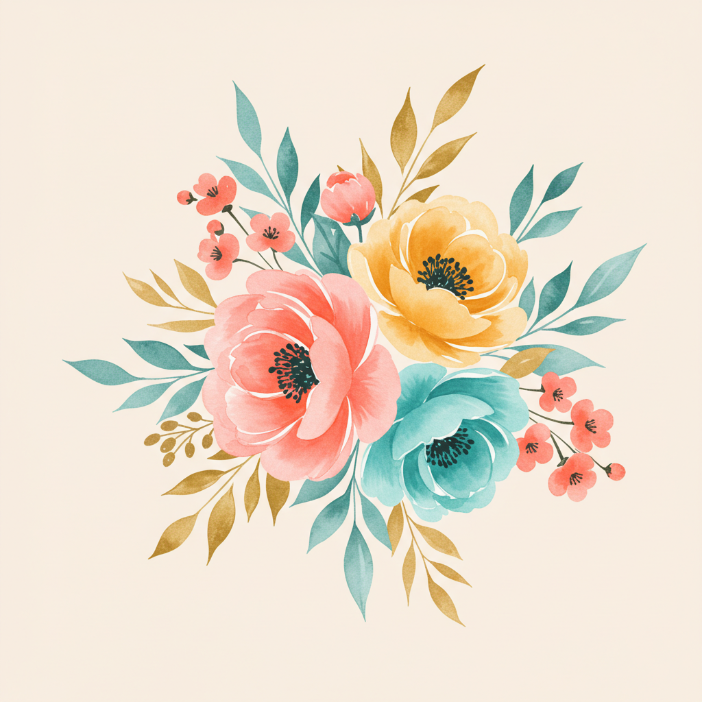 Floral Watercolor Bouquet with Peonies and Leaves