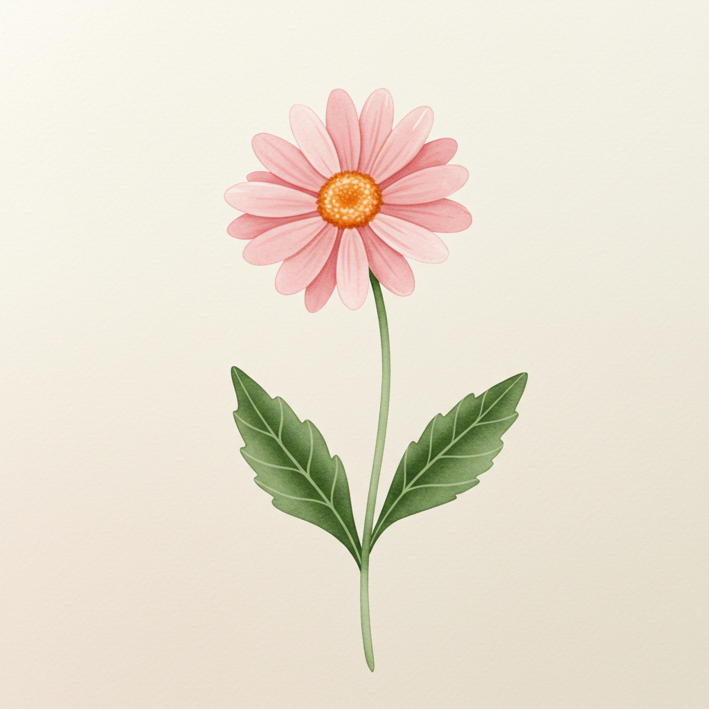 Pink Daisy Illustration with Green Leaves