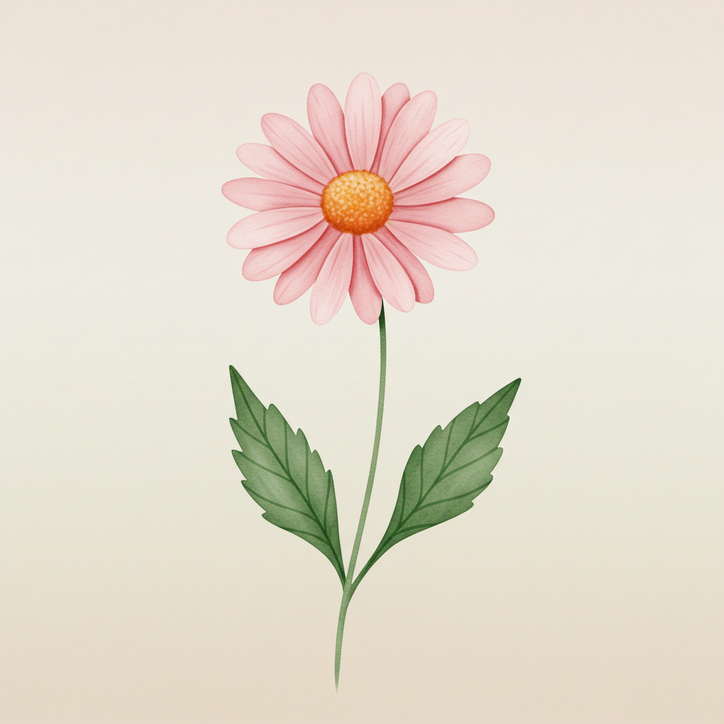 Pink Daisy Blossom with Green Leaves on Pastel Background