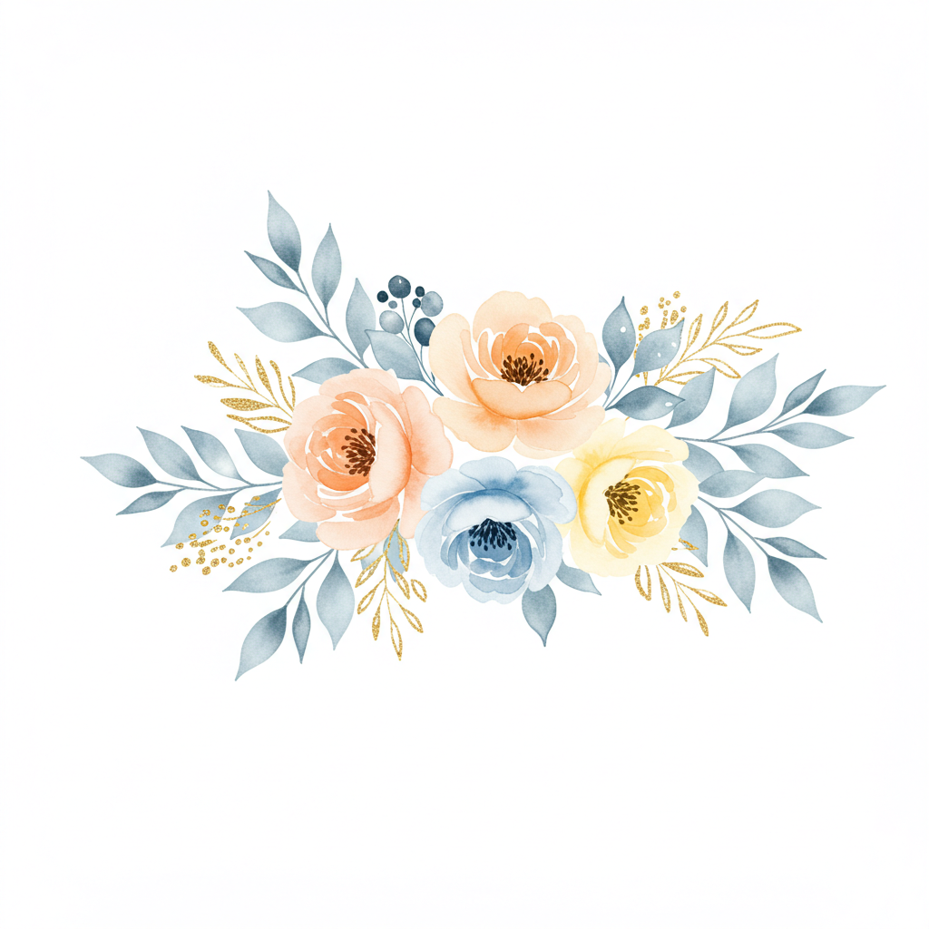 Watercolor Floral Bouquet with Leaves and Pastel Flowers