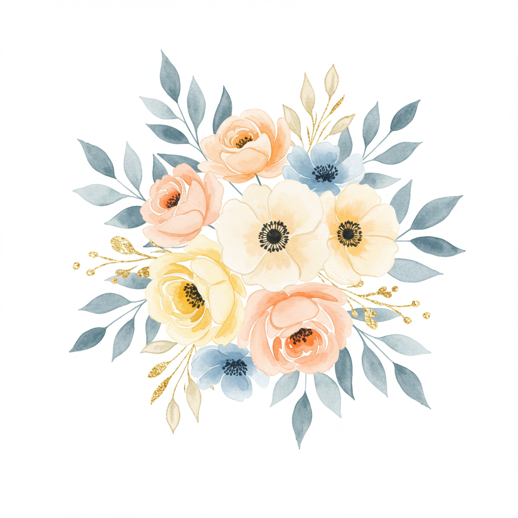 Watercolor Floral Bouquet with Leaves and Anemones