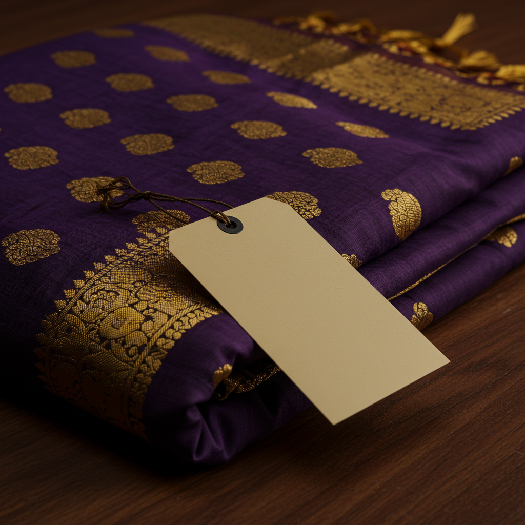 Purple Silk Saree with Gold Embroidery on Wooden Surface
