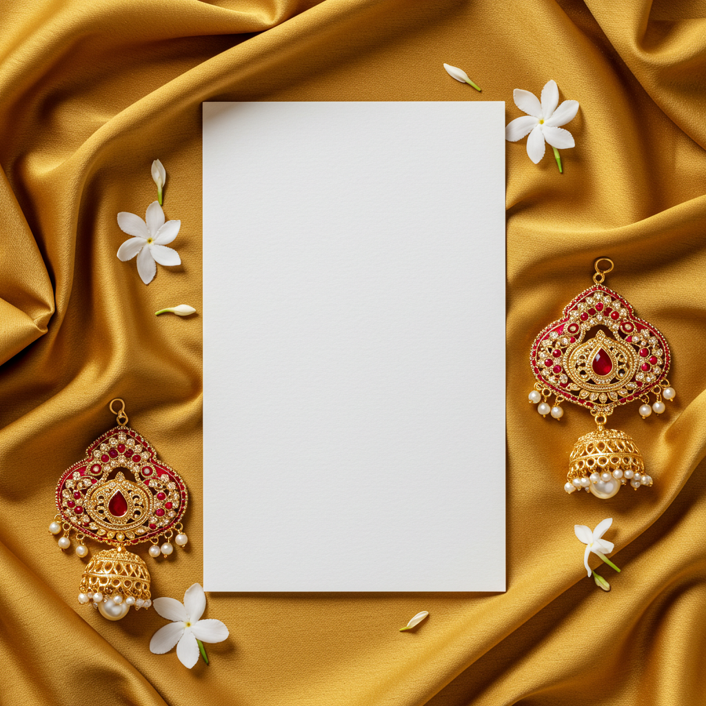 Golden Fabric with Ornate Earrings and Jasmine Flowers