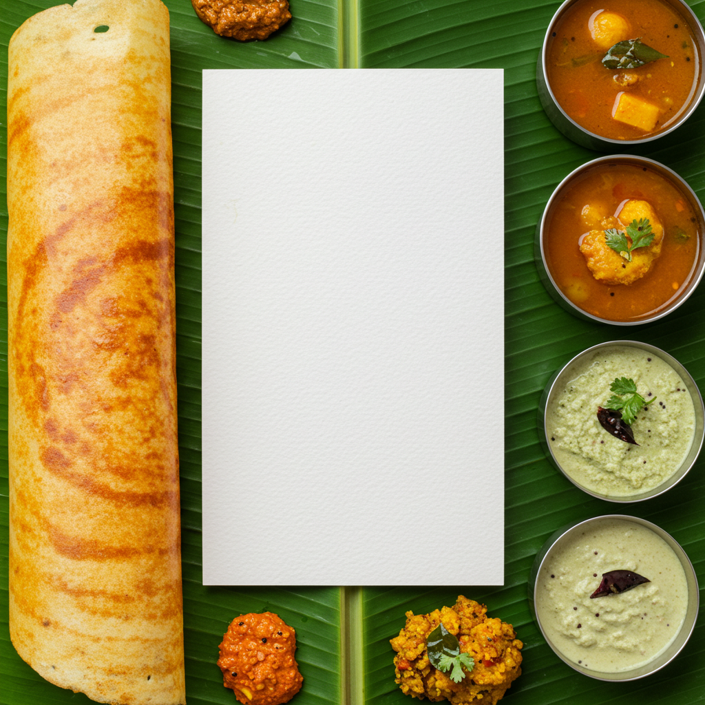 Dosa Platter with Indian Chutneys on Banana Leaf
