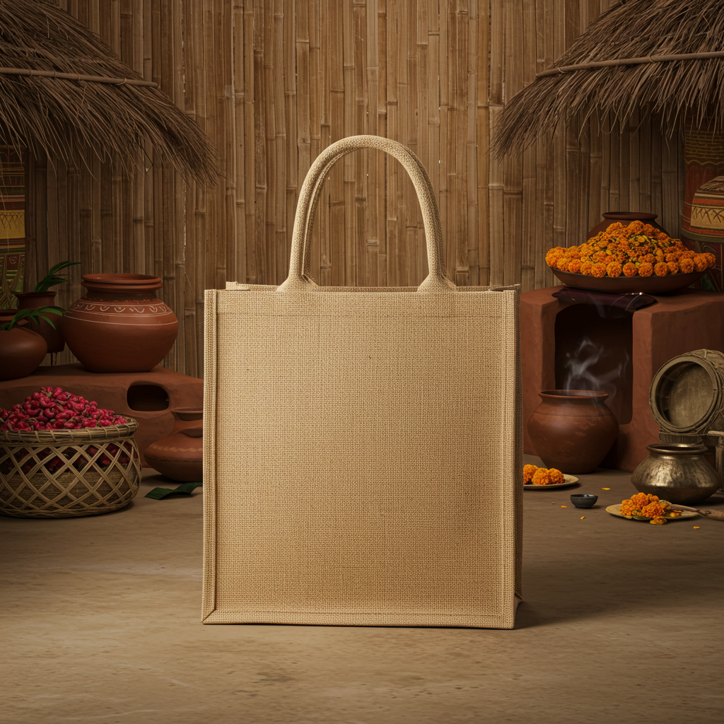Eco-Friendly Jute Bag in Rustic Village Setting