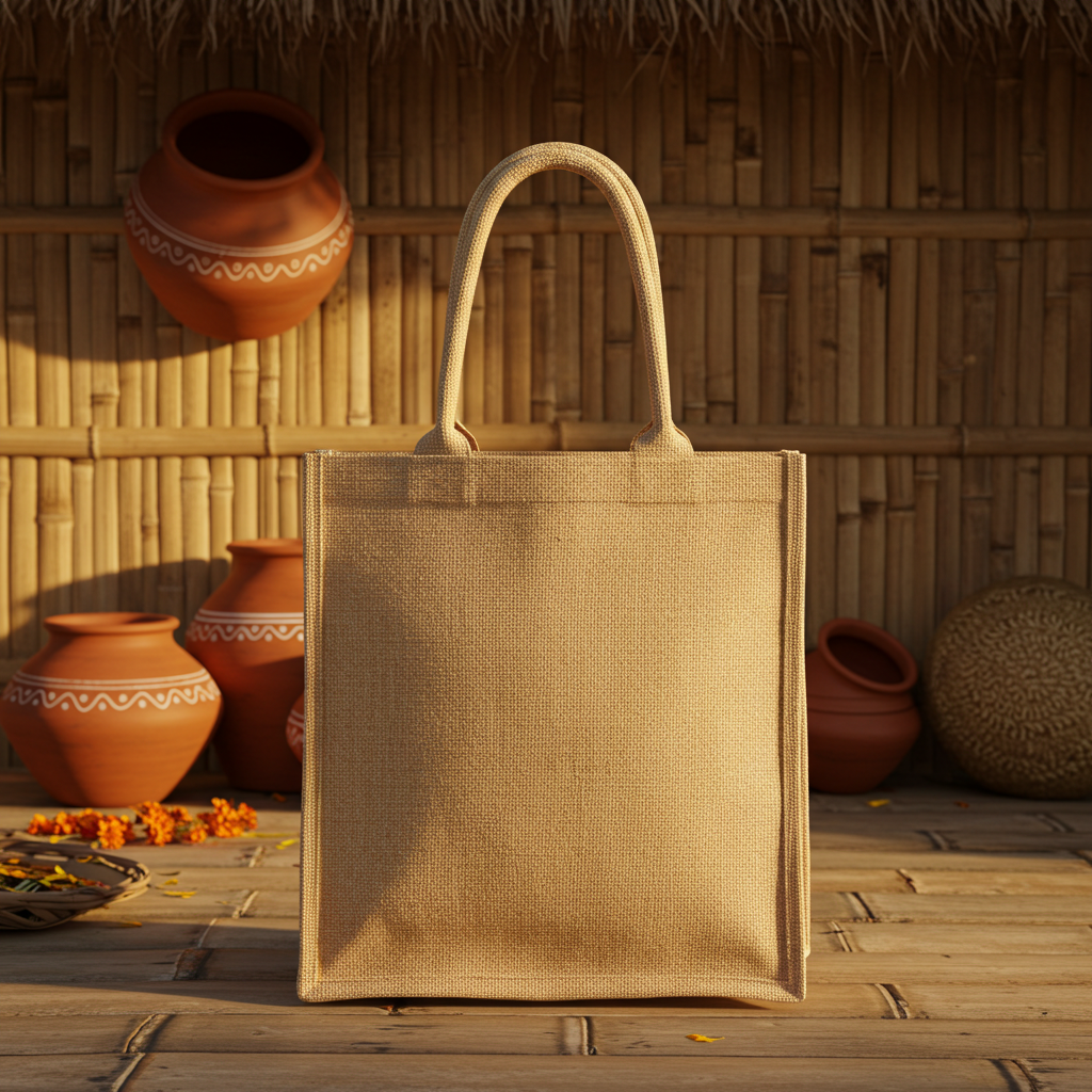 Rustic Jute Bag with Traditional Clay Pots and Bamboo Background