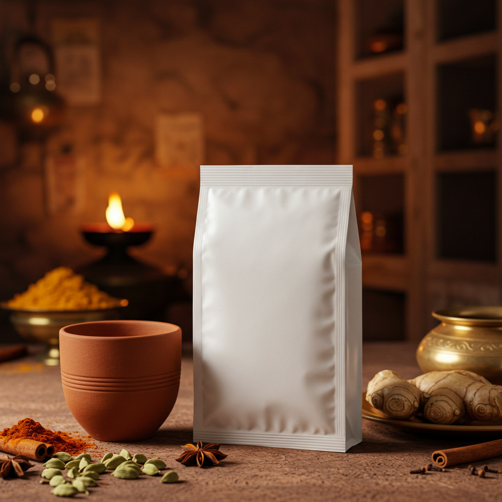 Spice Packaging with Ceramic Cup and Herbs in Rustic Kitchen Setting