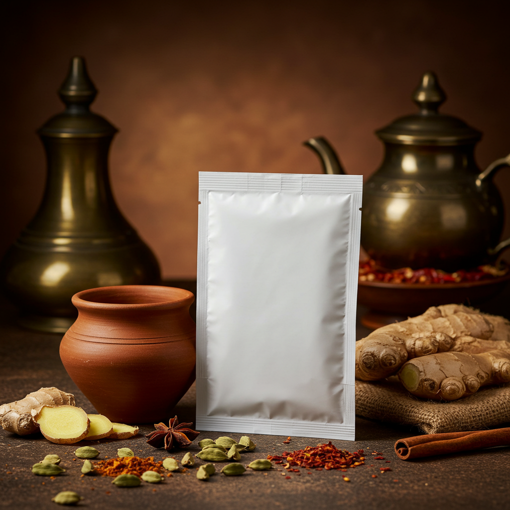 Spice Packaging with Ginger and Herbs on Rustic Table