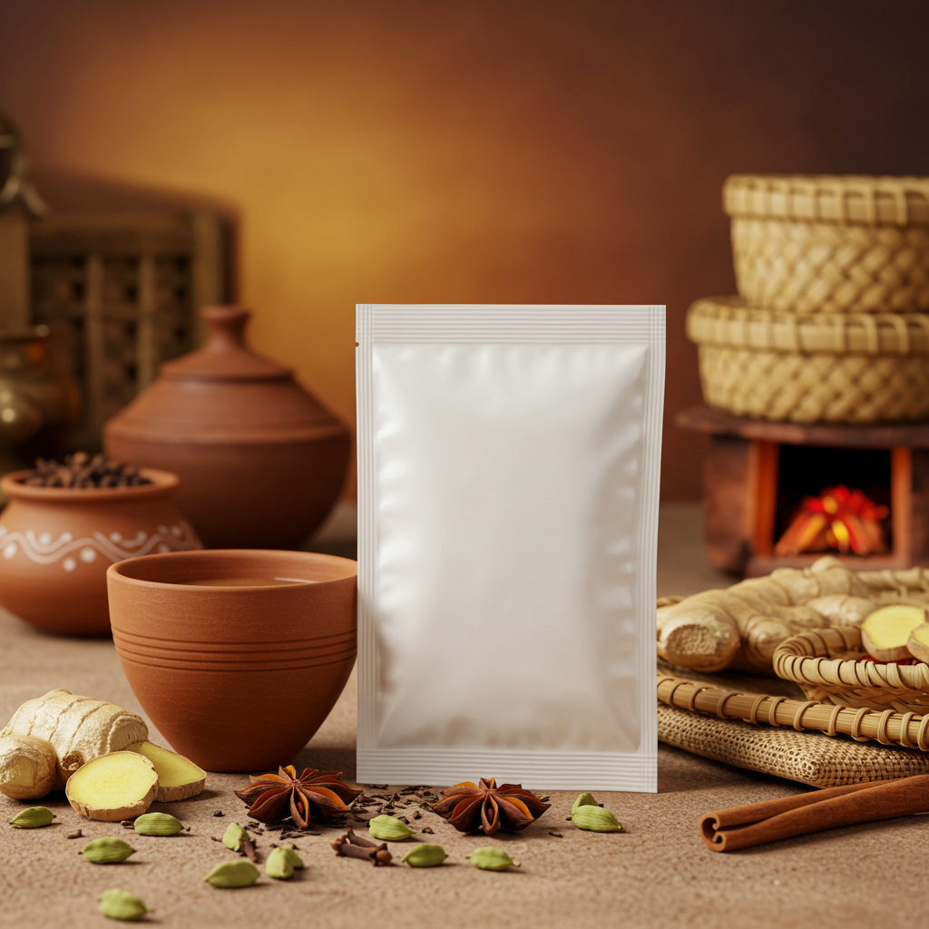 Herbal Tea Ingredients with Blank Packaging Pouch in Rustic Setting