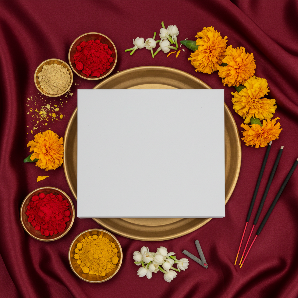Marigold and Spice Flat Lay with Incense on Red Silk