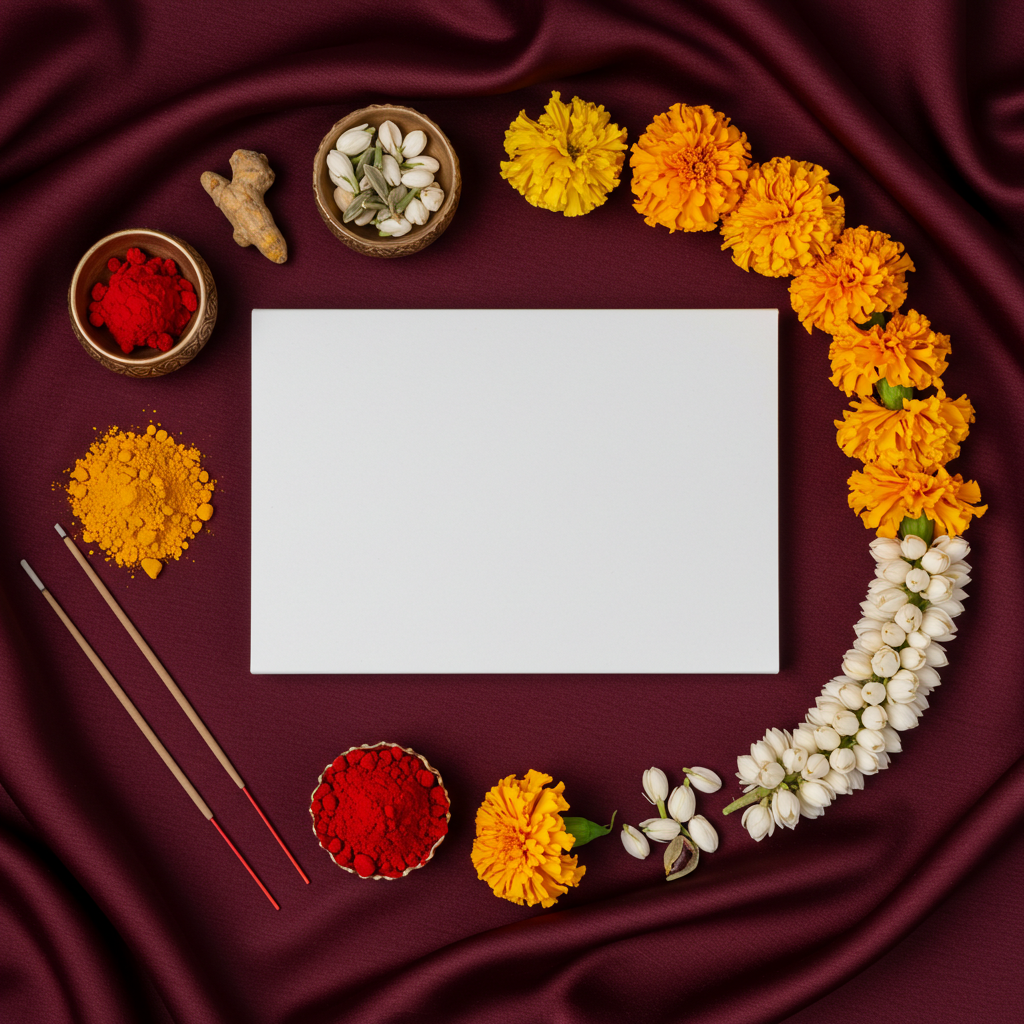 Maroon Fabric with Floral Garland and Incense Sticks