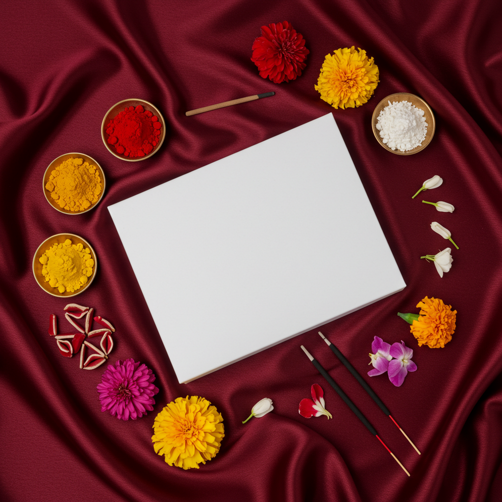 Floral Rangoli with White Canvas on Red Fabric Background