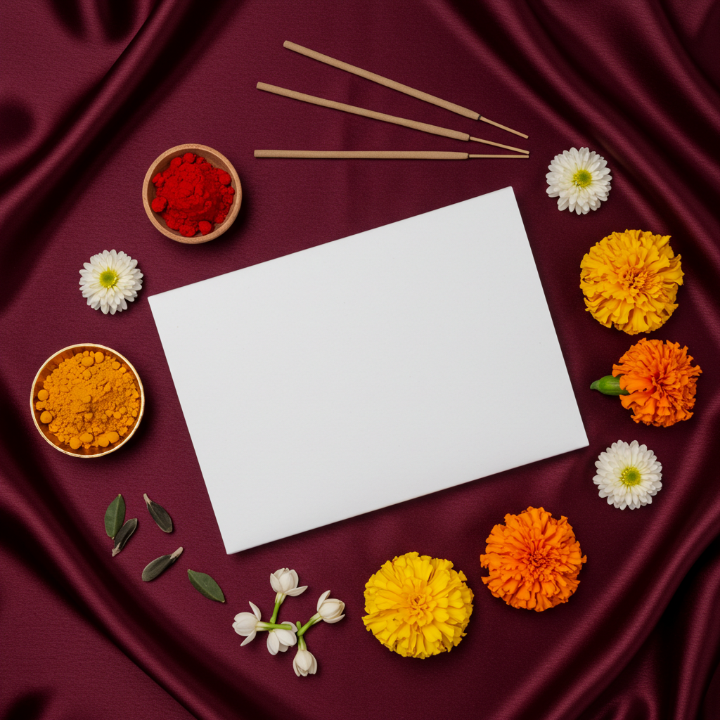 Marigolds and Incense with Blank Card on Silk Background