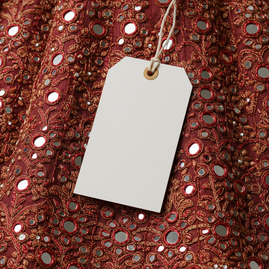 Embroidered Red Fabric with Blank Tag for Labeling