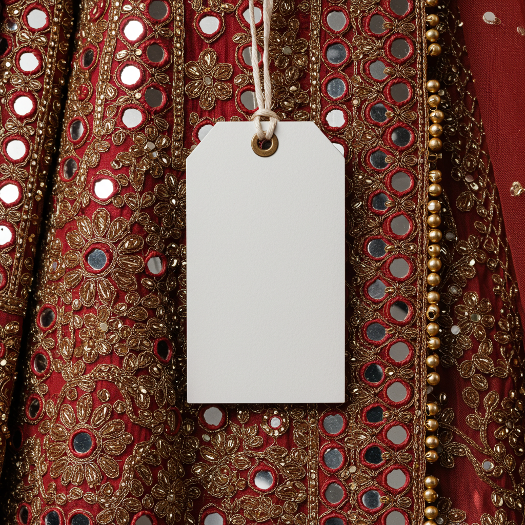 Ornate Red Fabric with Blank Tag and Gold Embroidery