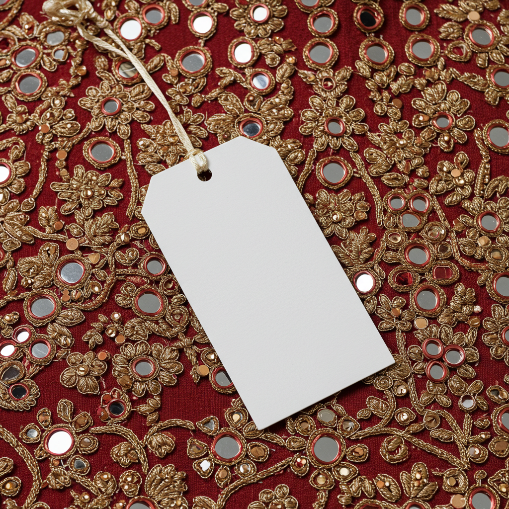 Elegant Embroidered Fabric with Mirror Accents and Blank Tag