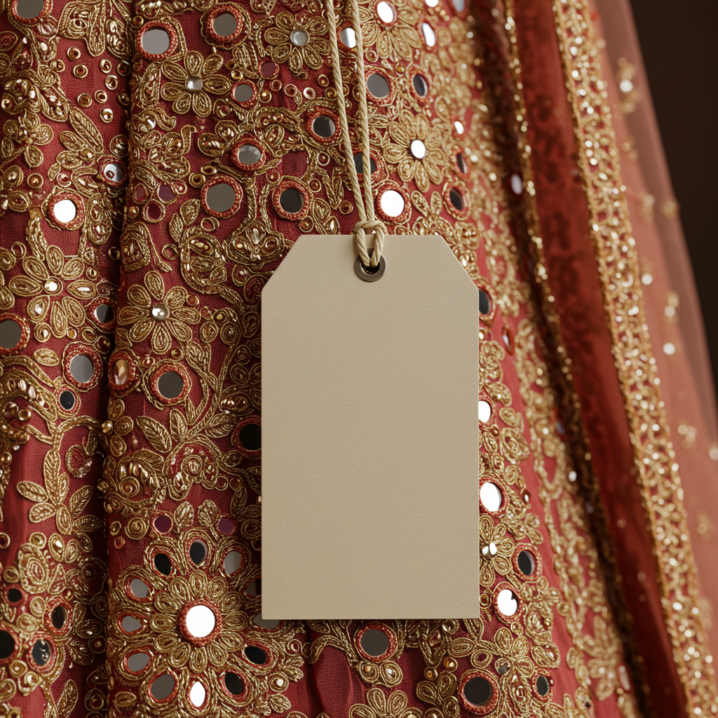 Intricate Red and Gold Embroidered Fabric with Blank Tag