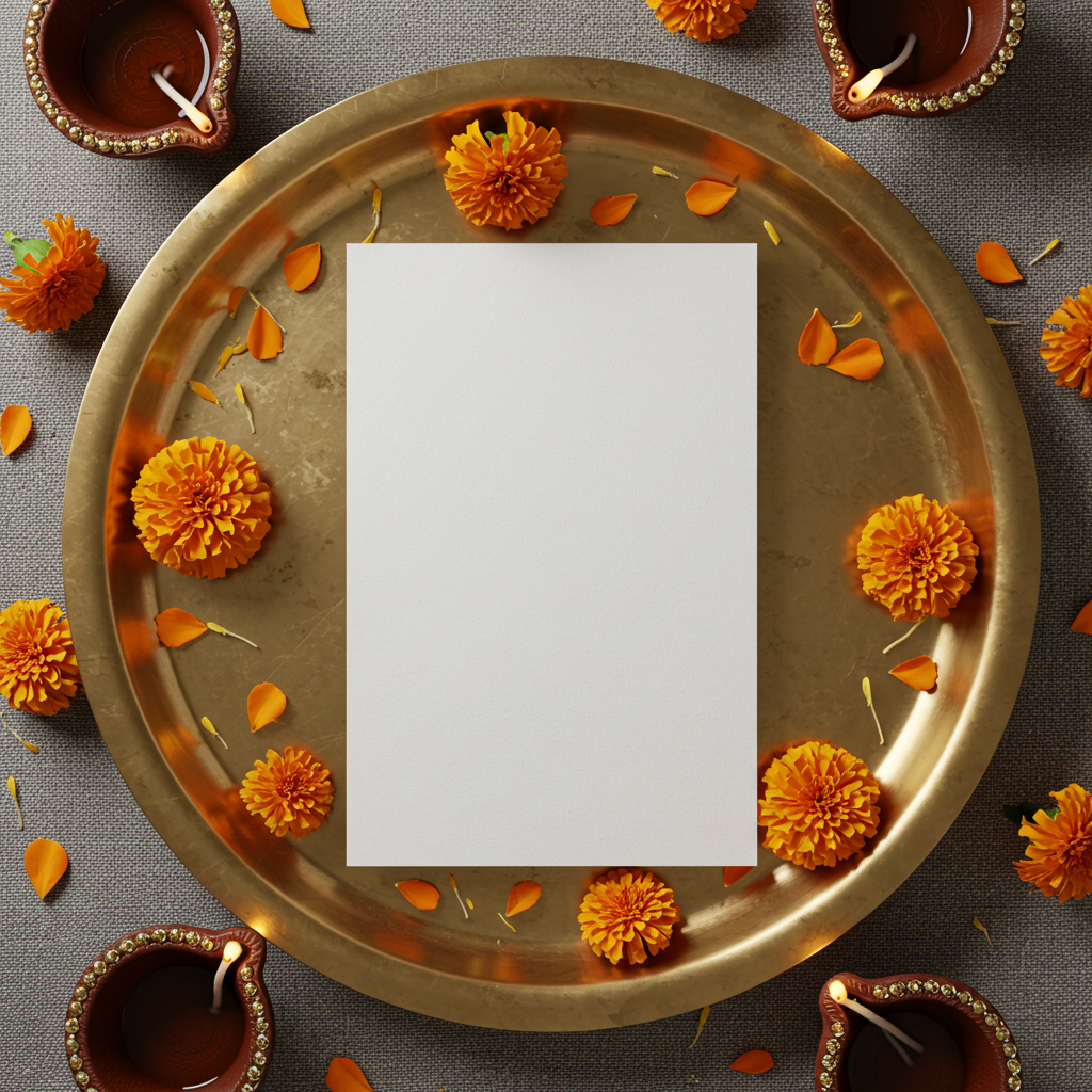 Marigold and Oil Lamp Diwali Decoration on Golden Plate