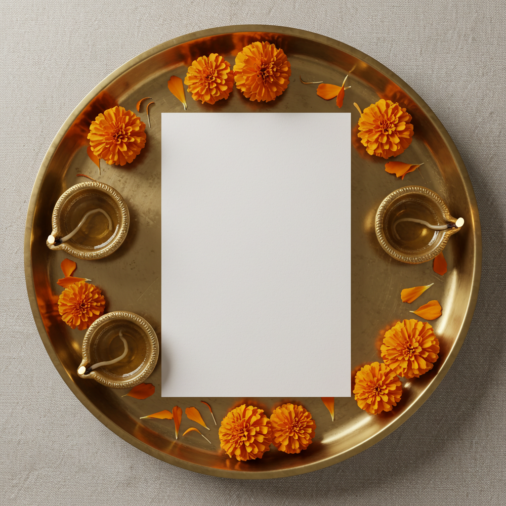 Marigold Flower Tray with Oil Lamps on Canvas Background