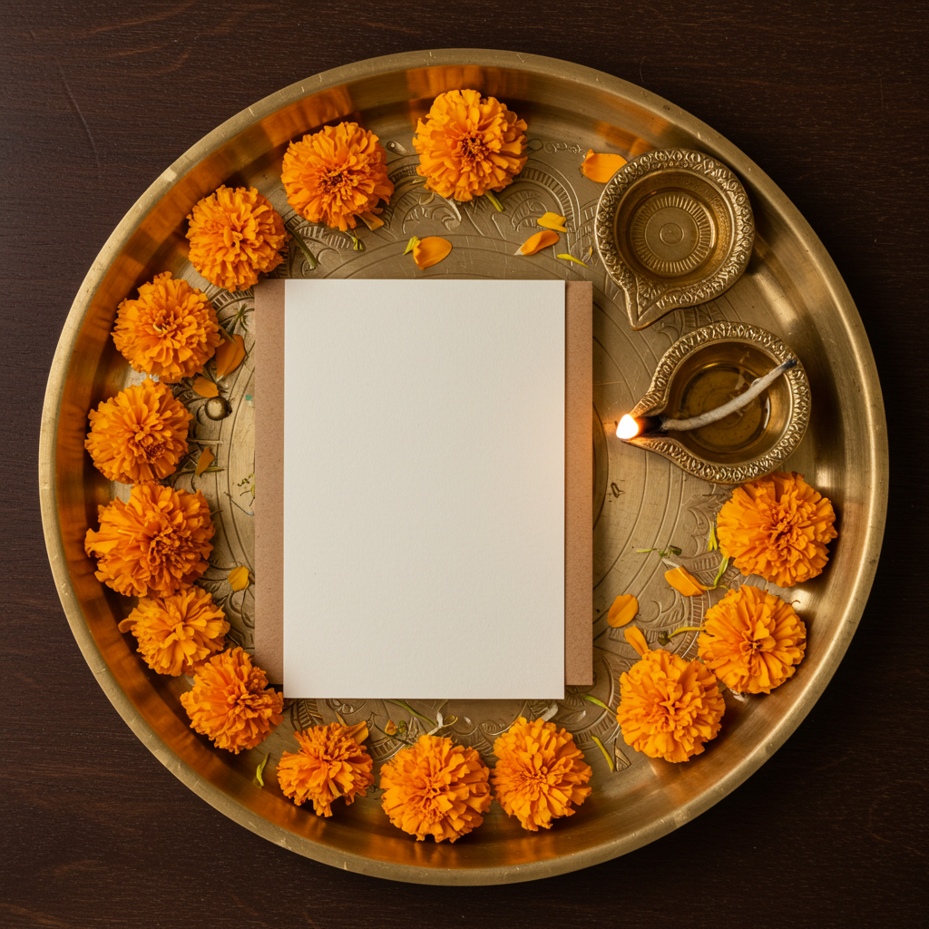 Marigold Garland with Traditional Diya and Blank Card on Brass Plate