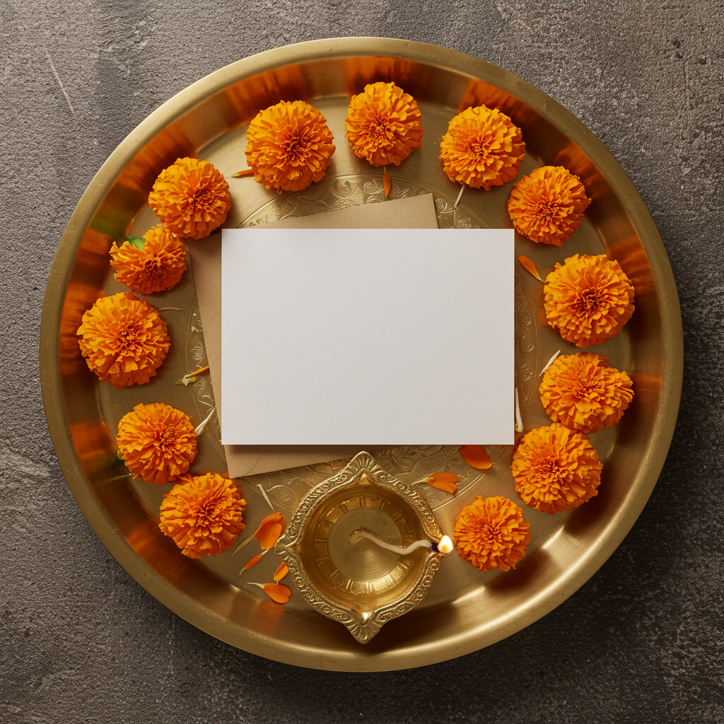 Traditional Indian Brass Plate with Marigolds and Diya Lamp
